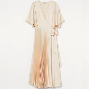Light beige pleated satin wrap dress
